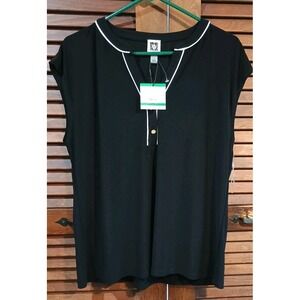 NWT Anne Klein Black & White Blouse Top V Neck Sleeveless Shirt Size Large